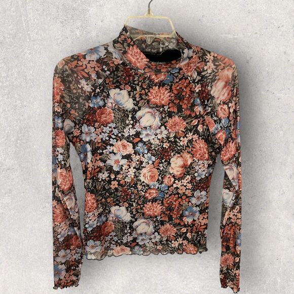 Dealmore Women’s Small Floral Mesh Long Sleeve Lined Mock Neck Top Boho Y2K - Picture 2 of 5